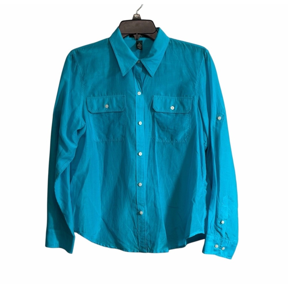 Lauren Ralph Lauren Womens Silk Blend Button Down Shirt Blouse PL Turquoise